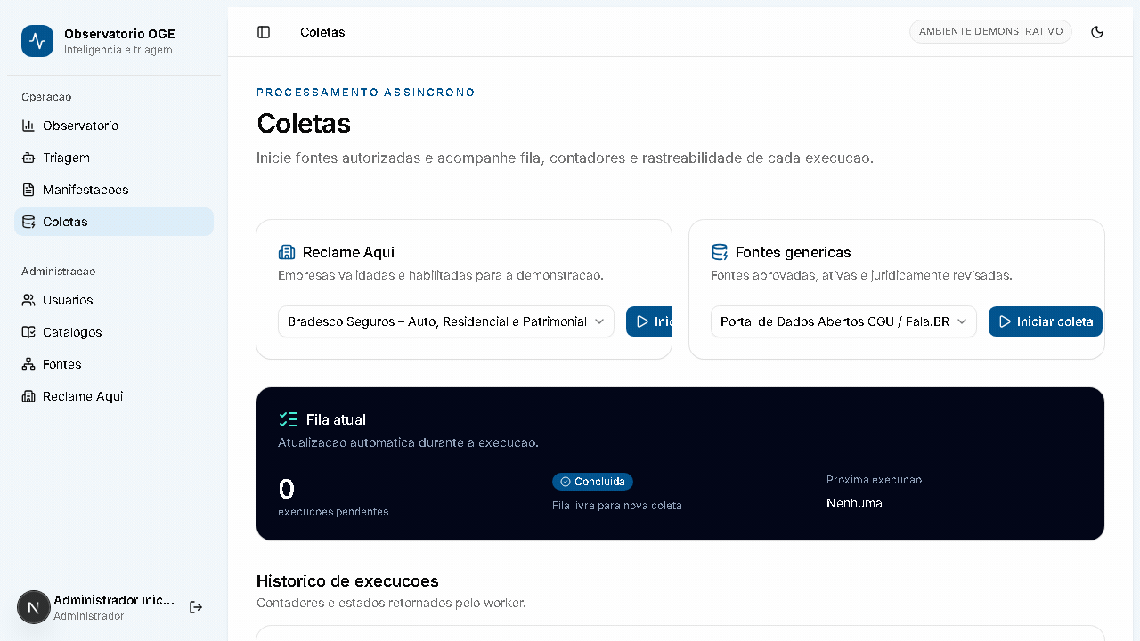 Tela real de coletas e fila